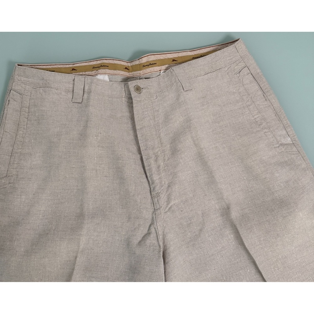 Tommy Bahama 100% Linen Shorts Mens 36x10 Khaki Flat Front Chino Preppy